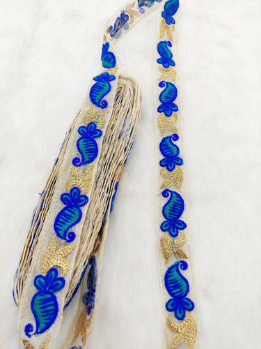Beige Tissue Fabric Trim With Blue and Gold Embroidery, Paisley Embroidery, Trim by 2 Yards